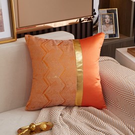 YunJeude Cushion Cover 45 45 Scandinavian Set of 2 Stylish Cute Soft Luxurious Modern Pattern Simple Zipper Decorative Gold Synthetic Leather Interior Room Decoration (Orange, 45 x 45)
