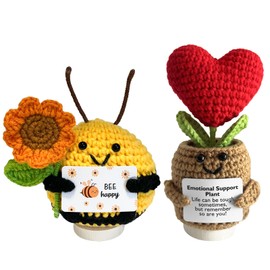 KATIMI Pack of 2 Pocket Hug Bee Lucky Charm Gifts, Emotional Support Plant, Funny Positive Bee, Red Love Heart Positive Gifts with Wooden Base, Courage Gift for Women Friends