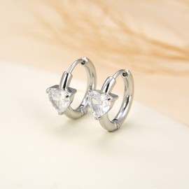 Surgical Stainless Steel Hoop Huggie Earrings, Heart Star Square Teardrop Triangle Rectangle Horse Eye CZ Hoop Earrings for Women (Heart CZ)