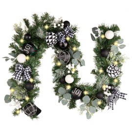 Valery Madelyn Pre-Lit Christmas Garland with Lights for Mantle, 6 feet Lighted Battery Operated Xmas Garland with Black White Balls for Front Door Fireplace Table Centerpiece Outdoor Decor