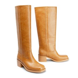 Gothictor Women's Brown Knee High Boots Square Toe Chunky Block Heel Comfortable Low Heel Pull on Wide Calf Riding Shoes for Women 8