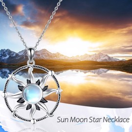 POPLYKE 925 Sterling Silver Moonstone Necklace for Women Sun Necklace Sun and Moon and Star Jewellery Gifts 18 Inches + 2 Inches Chain, Sterling Silver, Moonstone