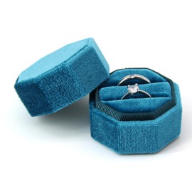 Bototack Velvet Ring Box, Double Slot Octagon Engagement Ring Holder, Elegant Jewelry Gift Ring Box, Ring Earrings Storage Box for Proposal Wedding Ceremony (Light Blue)