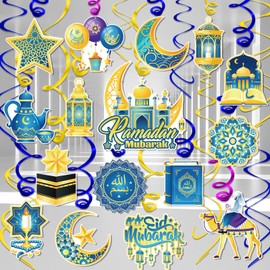 DPKOW 30 Pieces Ramadan Mubarak Hanging Decoration, Moon Star Mosque Slides Hanging Spiral for Ramadan Ceiling Decoration, Eid Mubarak Hanging Spiral Decoration for Eid Hanging Decoration