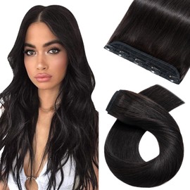 Clip in Remy Hair Extensions 18inch 100% Real Human Hair One Piece 3/4 Half Head Natural Straight(18inch-50g, 1B Natural Black)