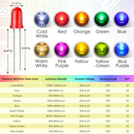 10 Colors 500 Pcs 5mm LED Lights Emitting Diodes Assored Kit Pack with 20M Copper Tape Conductive Adhesive for Variety Color Emitting Diodes Bulb LED Lamp