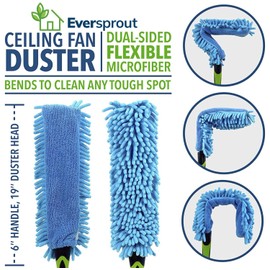 EVERSPROUT 5-to-12 Foot Flexible Microfiber Ceiling & Fan Duster (20+ Foot Reach) | Bendable to Clean Any Fan Blade | Removable & Washable Brush Head | 3-Stage Lightweight Aluminum Extension Pole