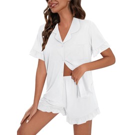 SWOMOG Woman Pajama Set Short Sleeve 2Pcs Soft Modal Sleepwear Button Down Ruffle Hem Pj Set White Large Loungeset