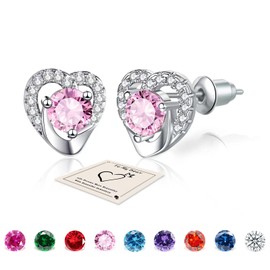 Pink Stud Earrings, Silver Stud Earrings for Women, Hypoallergenic Heart Earrings Studs, Sterling Silver Studs Earrings Pink Birthstone Earrings Jewellery Gifts for Her Daughters