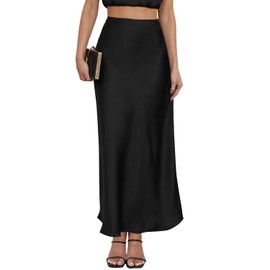 VividMosaic 2025 Satin High Waisted Maxi Skirt Silk A-Line Spring Summer Casual Long Skirts for Women, Black, Large