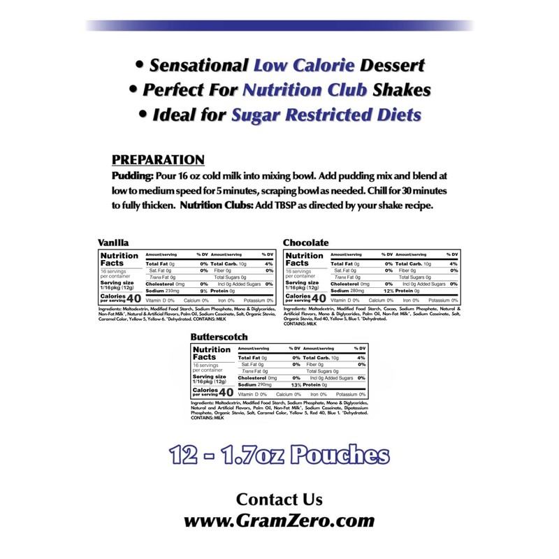 GramZero Variety (Vanilla, Chocolate, Butterscotch) Sugar Free Pudding Mix 12-Pack,