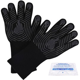 BBQ Gloves, 1472°F Heat Resistant Fireproof Mitts, Silicone Non-Slip Washable Oven Kitchen Gloves for Barbecue, Grilling, Cooking, Baking, Camping, Smoker (Black) | KUWANI
