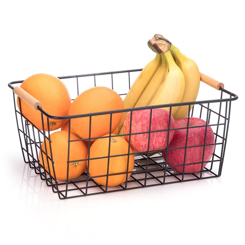 LeleCAT Wire Baskets with Wooden Handles Wire Storage Organizer Bin