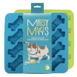 Messy Mutts Silicone Bake & Freeze Treat Making Mold | 2 Pack | 12 Bone Shaped 1 oz Molds | 9" x 9" Tray | Dishwasher, Freezer, Oven Safe | Blue/Green