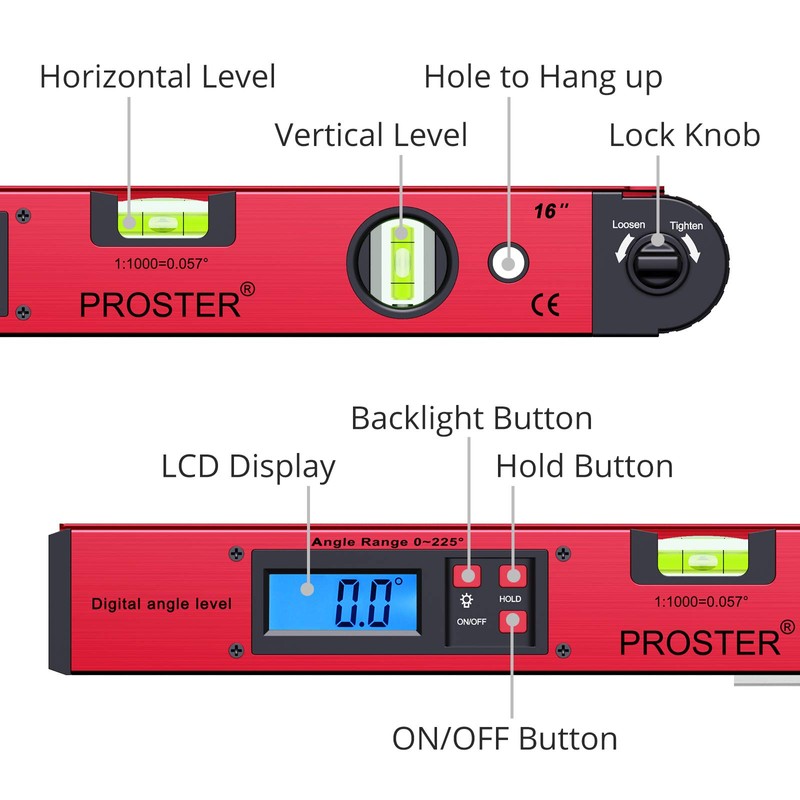 Proster 0~225° LCD Digital Protractor Spirit Level Angle Finder Gauge