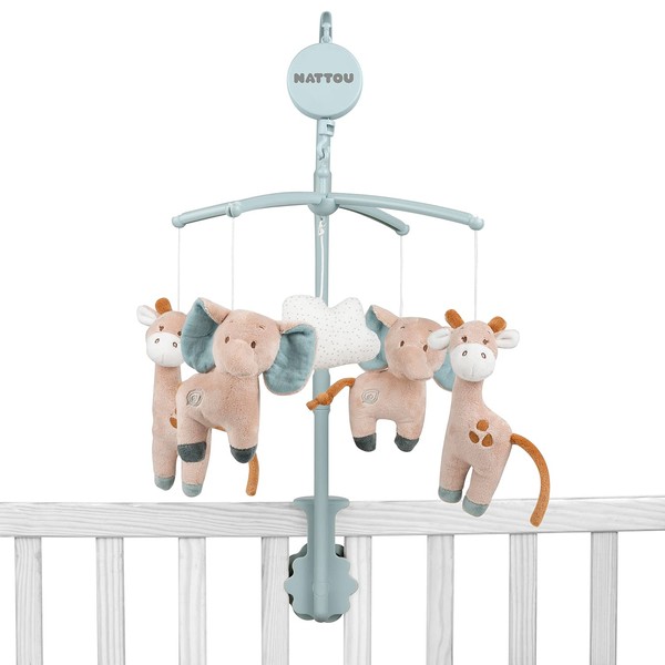 Nattou Musical Mobile in Cotton and Polyester, Giraffe and Elephant, Soft Lullaby "La-Le-Lu", Approximately 31 x 31 cm, Luna and Axel, Ver/Beige 748247