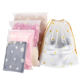 JETOP 15 Pcs Travel Storage Bag, Waterproof Clear Drawstring Bags for Travel & Storage, Ziplock Travel Bags with Daisy Print for Clothes Shoes Toys, Reusable Shoe Bags for Travel