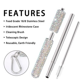1 Pack Rhinestone Collapsible Stainless Steel Straw, Iridescent Portable Straw with Cleaning Brush, Metal Reusable Drinking Straw with Bling Case for Travel.