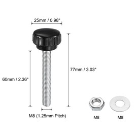 sourcing map 4 Sets Knurled Knobs Thumb Screws with Nuts Washers, Metric M8 x 60mm Male Thread 25mm Plastic Head, Zinc Plated Carbon Steel Stud Hand Knobs Clamping Thumbscrews Handles, Black