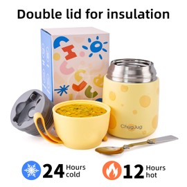 ChugJug Thermo for Hot Food for Adults Kids |Wide Mouth, 26 oz Insulated Food Container with Spoon, Leakproof Soup Thermo for School Office Travel, Thermal Steel Food Jar Easy to Carry(Yellow)