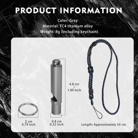 1 PCS Titanium Survival Whistle, 120dB High-Pitch Emergency Safety Single-Tube Whistle, TC4 Titanium, for Outdoor, EDC, Hiking & Rescue, Lightweight 7.8g with Keychain & Adjustable Lanyard (Grey)