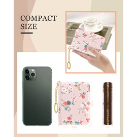 Rouidr Credit Card Holder for Women, Small Slim RFID Card Organizer Wallet with Zipper and Keychain, Pink Flowers
