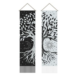AHANDMAKER 2 Pcs Tree of Life Tapestry, Black and White Tapestries Sun Moon Star Tapestry Wall Hanging Goth Mystic Aesthetic Wall Tapestry for Living Room and Bedroom(51.18x12.99 inch)