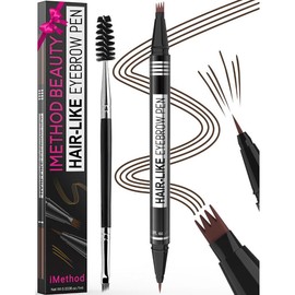iMethod Eyebrow Pencil, Hair-like  2-in-1 Waterproof Eyebrow Pen with 4 Tip Brow Pen, with Dual-ended Eyebrow Brush, Cosmetic Makeup - Color: Dark Brown