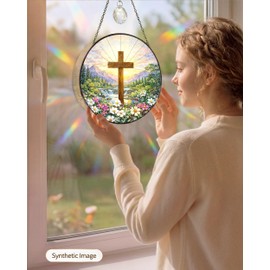 Stained Glass Window Hanging Cross Suncatcher, 7.8 Inch Christian Home Decor Sun Catcher for Windows, Sun Catchers Indoor Window Decor, Christian Gifts for Women Mom Grandma (Christian)