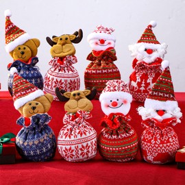 Reusable Christmas Knitted Doll Gift Bags Burlap Santa Gifts Bags with Drawstring Santa Claus, Snowman, Elk, Bear for Kids Holiday Wrapping (8 Pcs)