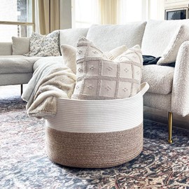 INDRESSME XXXLarge Cotton Rope Basket 21.7" x 21.7" x 13.8" Woven Baby Laundry Blanket Basket Toy Basket with Handle Storage Comforter Cushions Thread Laundry Hamper White & Brown