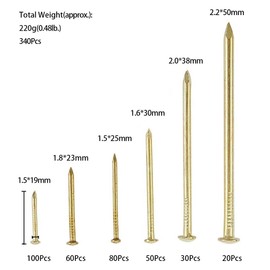 6 Sizes Hardware Nails 340Pcs Nail Assortment Kit Gold Finishing Nails Hardware Assortment Set with an iron steel Tweezer tool(Gold, Set2)