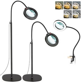 10X Magnifying Glass with Light and Stand, 24" Flexible Gooseneck 3-in-1 LED Floor Lamp, Optical-Grade Real Glass Lens, 5 Color Modes Stepless Dimmable, Lighted Magnifier Hands Free for Close Work