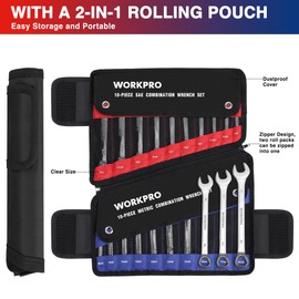WORKPRO 20-piece Combination Wrench Set, Metric 6-18mm & SAE 1/4”- 3/4”, Cr-V Steel, 12-point Wrenches Set with 2-in-1 Rolling Pouch