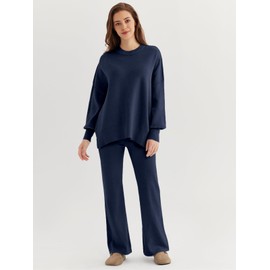 LILLUSORY Lounge Sets For Women 2 Two Piece Outfits 2025 Fall Trendy Matching knit Sweat Suit Oversized Sweaters Wide Leg Pants Sweatsuit Loungewear Cute Travel Fashion Clothes Navy Blue L
