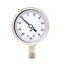 PIC Gauge 4001-2LCC 4" Dial, 30/0/30 psi Range, 1/2" Male NPT Connection Size, Bottom Mount Dry Process Pressure Gauge with a Stainless Steel Case and Internals, Removable Stainless Steel Bezel, and Laminated Safety Glass Lens