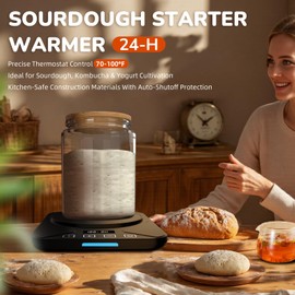 PTC Sourdough Starter Warmer Mat - 24H Timer - Precise 1°F Thermostat Control (70-100°F) - Smart Memory Warming On/Off - Fits Jars Up to 40oz - Perfect for Home Baking (Black)