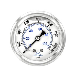 PIC Gauge 202L-254N Glycerin Filled Industrial Center Back Mount Pressure Gauge with Stainless Steel Case, Brass Internals, Plastic Lens, 2-1/2" Dial Size, 1/4" Male NPT Connection Size, 0/1500 psi Range