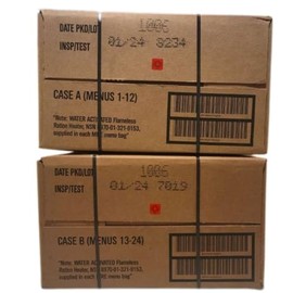 Case of 12 Meals Ready to Eat [MRE]. Genuine USGI Military Rations - 1/2025 and Newer Inspection Dates - Case A, B and A/B Combos. Manufactured by Wornick, Sopacko or Ameriqual. (A/B Case Combo)