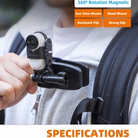 Action 5 Pro Sun Visor Clip & Magnetic Backpack Mount for Insta360 X4/X3, GoPro 13, Strong Clamp with 360° Adjustable Rotation, 1/4” Thread Adapter, Multi-Purpose Magnetic Mount