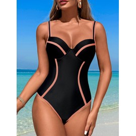 Jollkichay - Traje de baño de una pieza para mujer, con control de abdomen, sexy push up, traje de baño con bloques de color, Negro Naranja, M