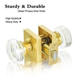 coolnews Modern Glass Door Knobs Privacy Gold Door Knob with Lock, Clear Crystal Door Knobs Interior for Bedroom/Bathroom, Satin Brass Door Knobs with Square Plate