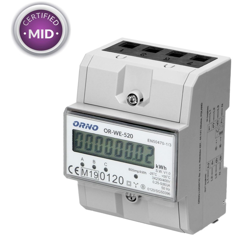 ORNO OR-WE-520 Electricity Meter DIN Rail 3-Phase Disposable MID Calibrated