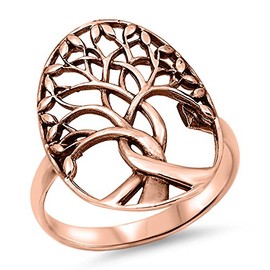 Oxidized Rose Gold-Tone Tree of Life Ring .925 Sterling Silver Band Size 9