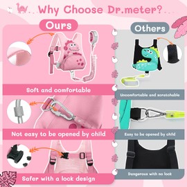 Dr.meter Children's Leash, Anti-Lost Backpack with 1.2 m 360° Rotating Safety Belt, 3-in-1 Cute Dinosaur with Lock, Safety Belts, Safety Equipment for Outdoor (Pink)