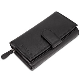 STILORD 'Elisa' Elegant Women's Leather Purse Large Many Compartments with Zip Purse Women's RFID Protection Women Purse Extra Coin Compartment in Portrait Format Genuine Leather, black, coin purse