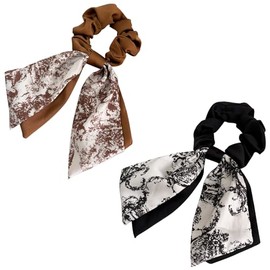 Jseng Knotted Bow Hair Scrunchies - Floral Elastic Hair Scarf Hair Ties Bands Satin Hair Ribbon Scrunchy Ponytail Holder for Women - Elegant Brown and Black