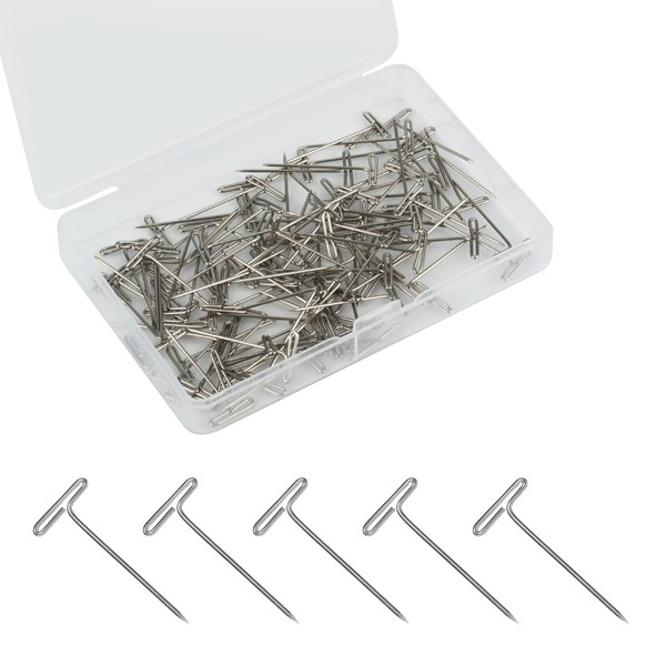100pcs T Pins for Wig Heads, 1.5inch Stainless Steel Wig Straight Pins with a Plastic Box T Pins for Crafts Blocking Knitting Sewing (Silver)