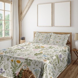 Ambesonne Floral Sheet Set, Vintage Garden Plants Herbs Flowers Botanical Classic Design Art, Fitted and Flat Sheet with Pillowcases Bedding Accent 4 Piece Set, Queen, Sage Green