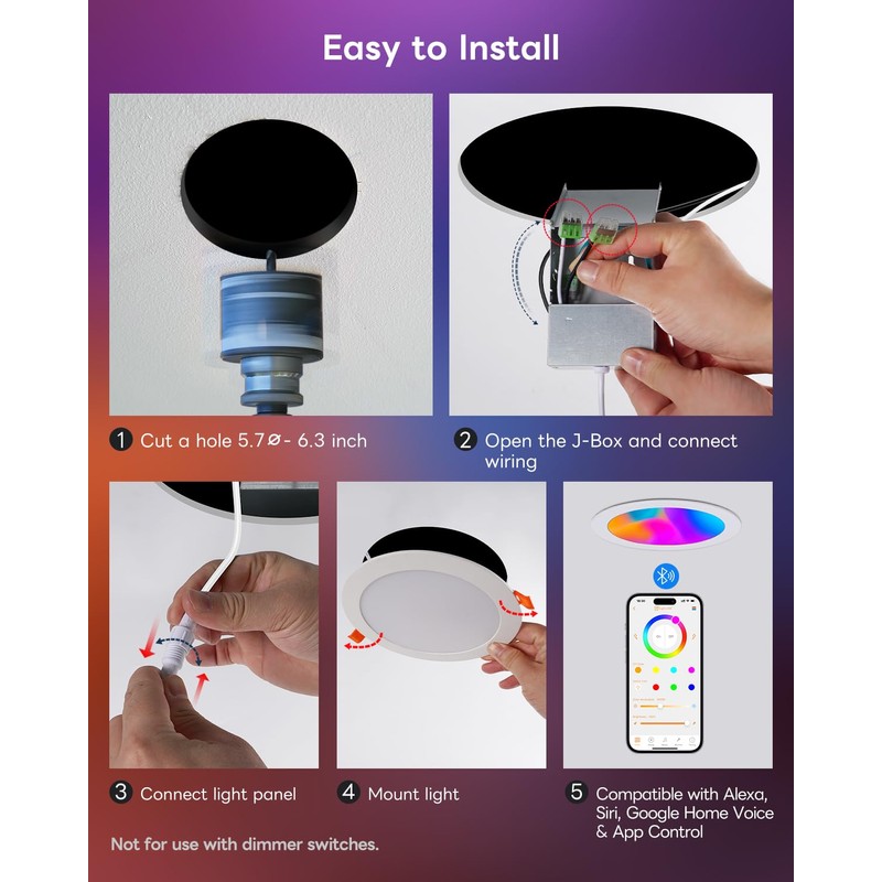 Smart Recessed Lighting 6 Inch, RGBCW Color Changing Canless Recessed